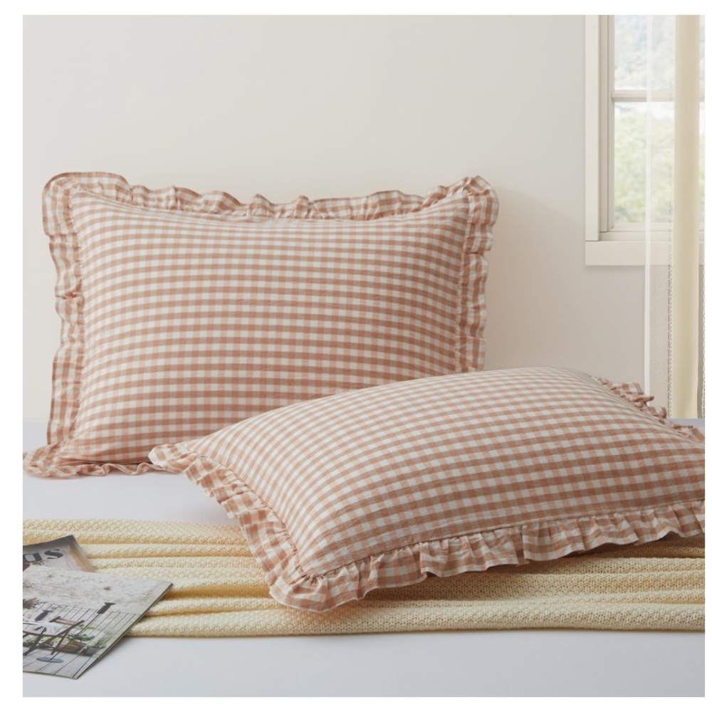 Cozy Gingham Ruffled Pillowcase Set - Light Pink Plaid Cream